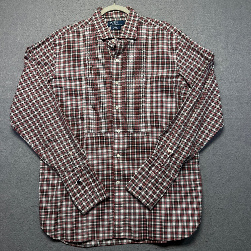 Polo Ralph Lauren Estate Custom Fit Plaid Tuxedo Bib Front Shirt Red White 16.5